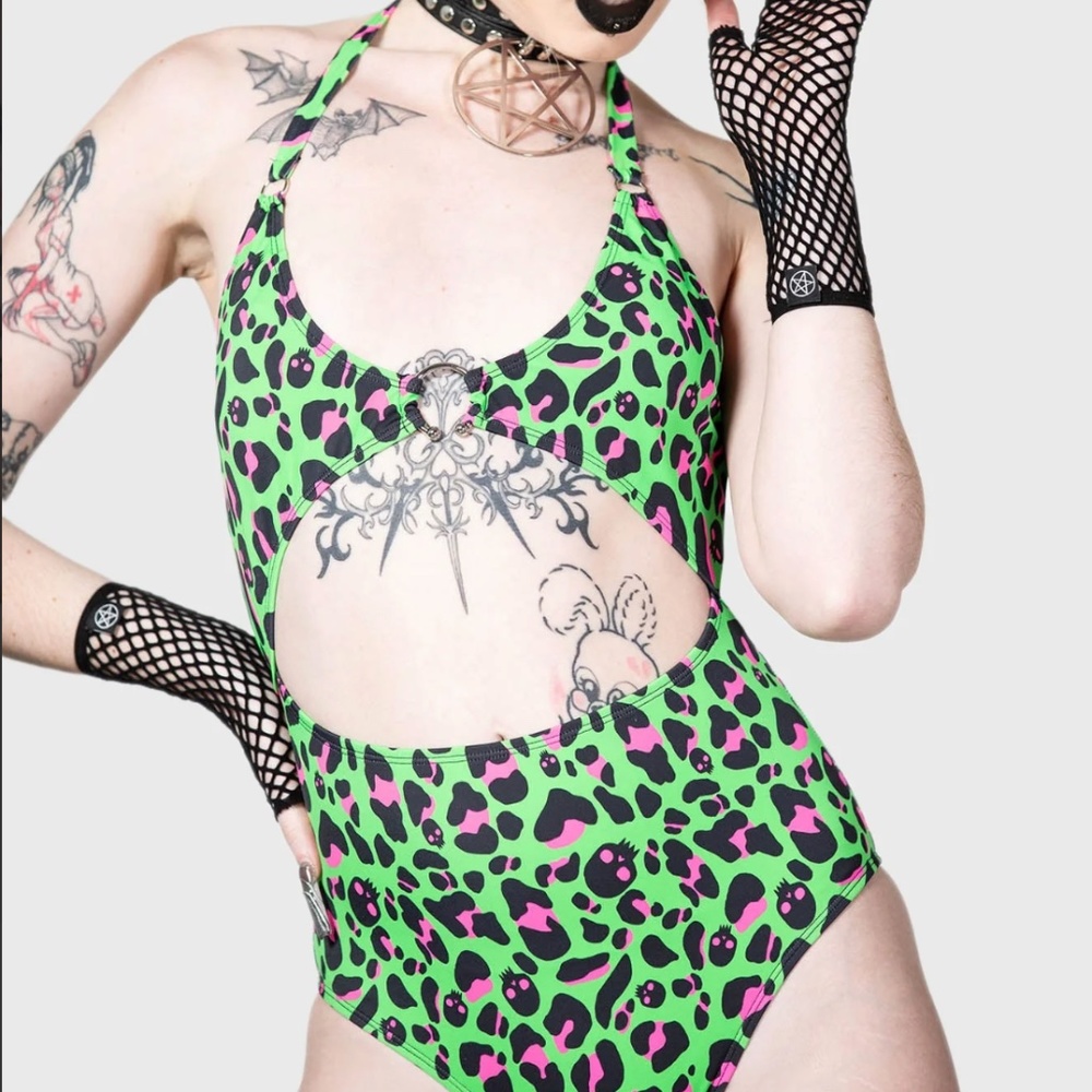 KILLSTAR Animal SwimSuit Medium Neon Rave Leopard Pink Green - NEW